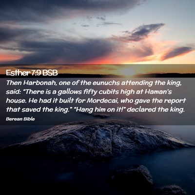 Picture 02 - Esther 7:9 BSB - Then Harbonah, one of the eunuchs attending the - Bible Verse Picture