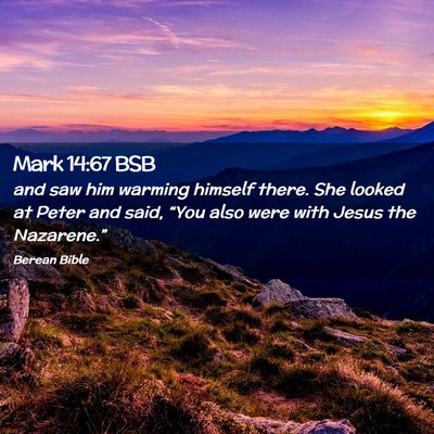 Picture 02 - Mark 14:67 BSB - and saw him warming himself there. She looked at - Bible Verse Picture