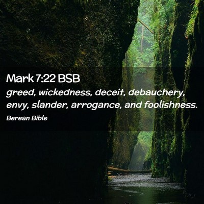 Picture 02 - Mark 7:22 BSB - greed, wickedness, deceit, debauchery, envy, - Bible Verse Picture