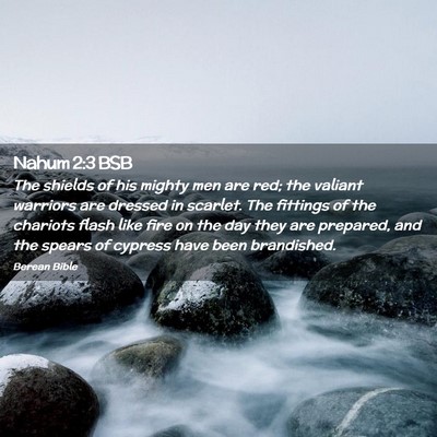 Picture 02 - Nahum 2:3 BSB - The shields of his mighty men are red; the - Bible Verse Picture