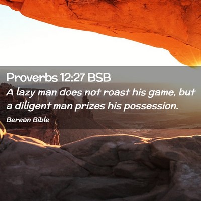 Picture 02 - Proverbs 12:27 BSB - A lazy man does not roast his game, but a - Bible Verse Picture