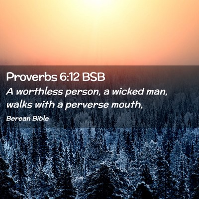 Picture 02 - Proverbs 6:12 BSB - A worthless person, a wicked man, walks with a - Bible Verse Picture