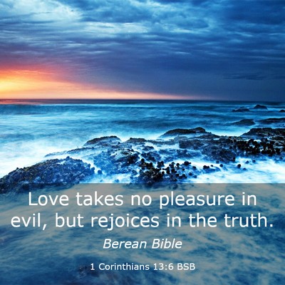 Picture 03 - 1 Corinthians 13:6 BSB - Love takes no pleasure in evil, but rejoices in - Bible Verse Picture