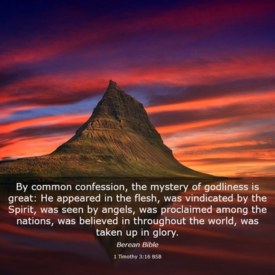 Picture 03 - 1 Timothy 3:16 BSB - By common confession, the mystery of godliness is - Bible Verse Picture