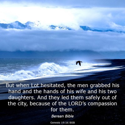 Picture 03 - Genesis 19:16 BSB - But when Lot hesitated, the men grabbed his hand - Bible Verse Picture