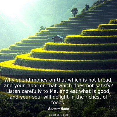 Picture 03 - Isaiah 55:2 BSB - Why spend money on that which is not bread, and - Bible Verse Picture