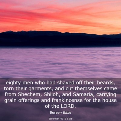 Picture 03 - Jeremiah 41:5 BSB - eighty men who had shaved off their beards, torn - Bible Verse Picture