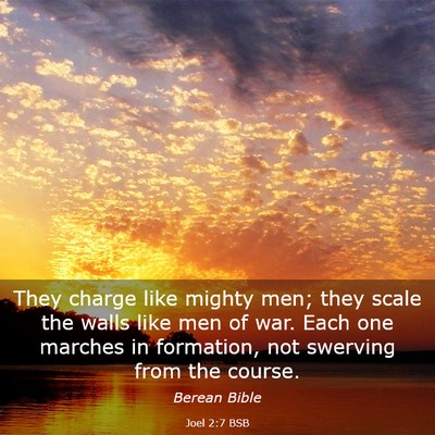 Picture 03 - Joel 2:7 BSB - They charge like mighty men; they scale the walls - Bible Verse Picture