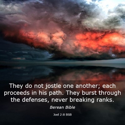 Picture 03 - Joel 2:8 BSB - They do not jostle one another; each proceeds in - Bible Verse Picture
