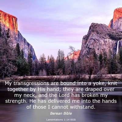 Picture 03 - Lamentations 1:14 BSB - My transgressions are bound into a yoke, knit - Bible Verse Picture