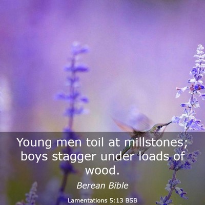 Picture 03 - Lamentations 5:13 BSB - Young men toil at millstones; boys stagger under - Bible Verse Picture