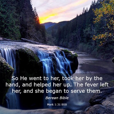 Picture 03 - Mark 1:31 BSB - So He went to her, took her by the hand, and - Bible Verse Picture