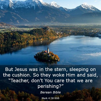 Picture 03 - Mark 4:38 BSB - But Jesus was in the stern, sleeping on the - Bible Verse Picture