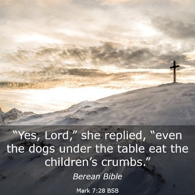 Picture 03 - Mark 7:28 BSB - “Yes, Lord,” she replied, “even the dogs - Bible Verse Picture