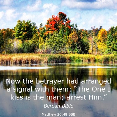Picture 03 - Matthew 26:48 BSB - Now the betrayer had arranged a signal with them: - Bible Verse Picture