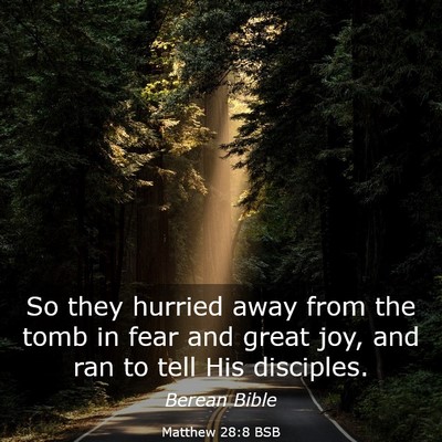 Picture 03 - Matthew 28:8 BSB - So they hurried away from the tomb in fear and - Bible Verse Picture