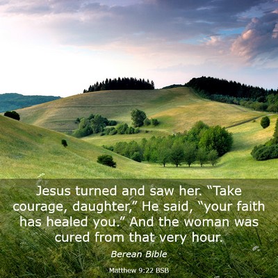 Picture 03 - Matthew 9:22 BSB - Jesus turned and saw her. “Take courage, - Bible Verse Picture