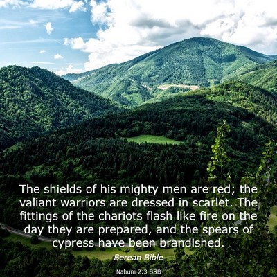 Picture 03 - Nahum 2:3 BSB - The shields of his mighty men are red; the - Bible Verse Picture