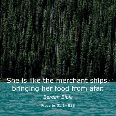 Picture 03 - Proverbs 31:14 BSB - She is like the merchant ships, bringing her food - Bible Verse Picture