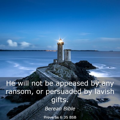 Picture 03 - Proverbs 6:35 BSB - He will not be appeased by any ransom, or - Bible Verse Picture