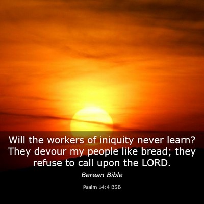 Picture 03 - Psalm 14:4 BSB - Will the workers of iniquity never learn? They - Bible Verse Picture