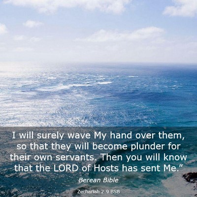 Picture 03 - Zechariah 2:9 BSB - I will surely wave My hand over them, so that - Bible Verse Picture