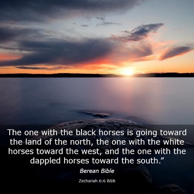 Picture 03 - Zechariah 6:6 BSB - The one with the black horses is going toward the - Bible Verse Picture