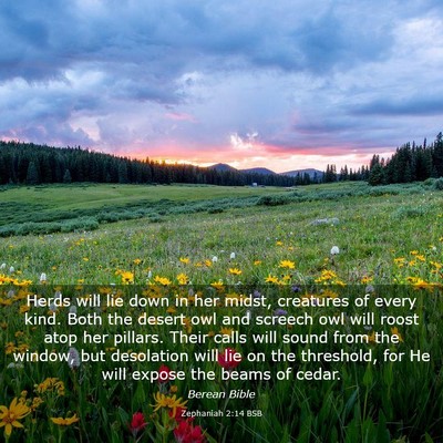 Picture 03 - Zephaniah 2:14 BSB - Herds will lie down in her midst, creatures of - Bible Verse Picture
