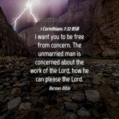 Picture 04 - 1 Corinthians 7:32 BSB - I want you to be free from concern. The unmarried - Bible Verse Picture