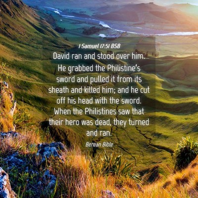 Picture 04 - 1 Samuel 17:51 BSB - David ran and stood over him. He grabbed the - Bible Verse Picture
