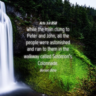 Picture 04 - Acts 3:11 BSB - While the man clung to Peter and John, all the - Bible Verse Picture
