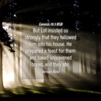 Picture 04 - Genesis 19:3 BSB - But Lot insisted so strongly that they followed - Bible Verse Picture