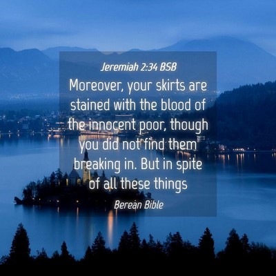 Picture 04 - Jeremiah 2:34 BSB - Moreover, your skirts are stained with the blood - Bible Verse Picture