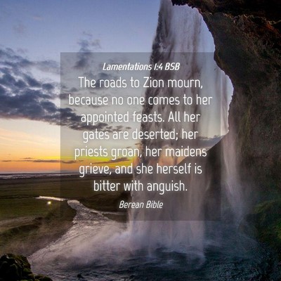 Picture 04 - Lamentations 1:4 BSB - The roads to Zion mourn, because no one comes to - Bible Verse Picture