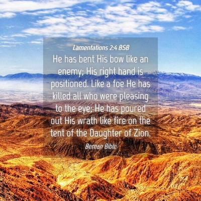 Picture 04 - Lamentations 2:4 BSB - He has bent His bow like an enemy; His right hand - Bible Verse Picture