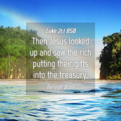 Picture 04 - Luke 21:1 BSB - Then Jesus looked up and saw the rich putting - Bible Verse Picture