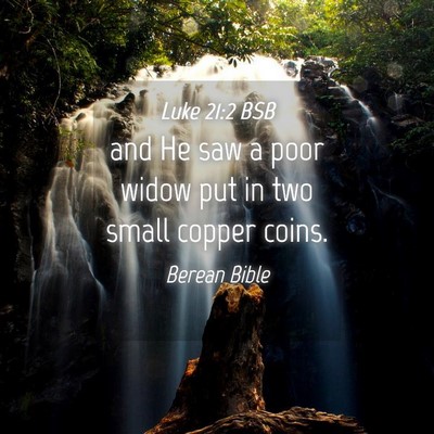 Picture 04 - Luke 21:2 BSB - and He saw a poor widow put in two small copper - Bible Verse Picture