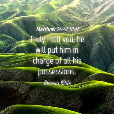 Picture 04 - Matthew 24:47 BSB - Truly I tell you, he will put him in charge of - Bible Verse Picture