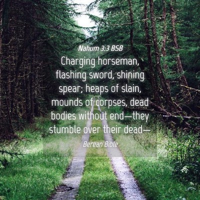 Picture 04 - Nahum 3:3 BSB - Charging horseman, flashing sword, shining spear; - Bible Verse Picture