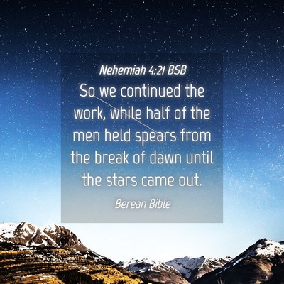Picture 04 - Nehemiah 4:21 BSB - So we continued the work, while half of the men - Bible Verse Picture
