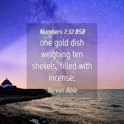 Picture 04 - Numbers 7:32 BSB - one gold dish weighing ten shekels, filled with - Bible Verse Picture