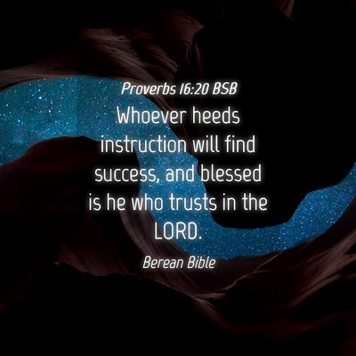 Picture 04 - Proverbs 16:20 BSB - Whoever heeds instruction will find success, and - Bible Verse Picture