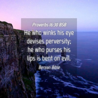 Picture 04 - Proverbs 16:30 BSB - He who winks his eye devises perversity; he who - Bible Verse Picture
