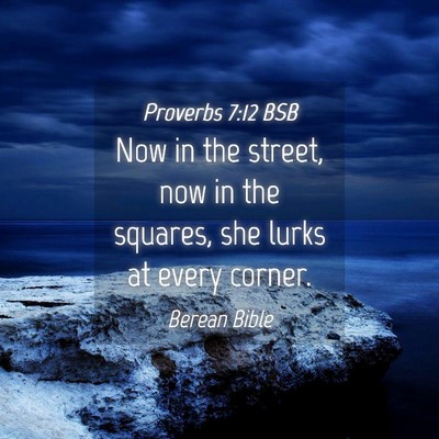 Picture 04 - Proverbs 7:12 BSB - Now in the street, now in the squares, she lurks - Bible Verse Picture