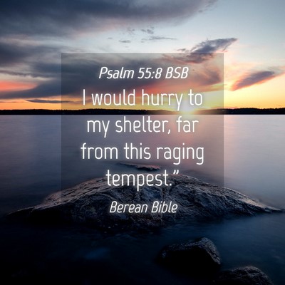 Picture 04 - Psalm 55:8 BSB - I would hurry to my shelter, far from this raging - Bible Verse Picture