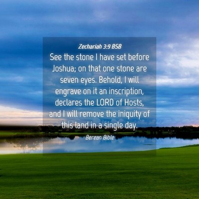 Picture 04 - Zechariah 3:9 BSB - See the stone I have set before Joshua; on that - Bible Verse Picture