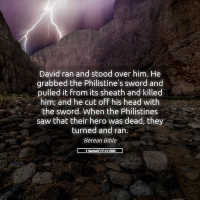 Picture 05 - 1 Samuel 17:51 BSB - David ran and stood over him. He grabbed the - Bible Verse Picture