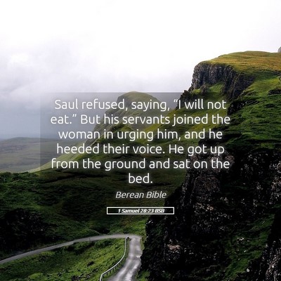 Picture 05 - 1 Samuel 28:23 BSB - Saul refused, saying, “I will not eat.” But - Bible Verse Picture