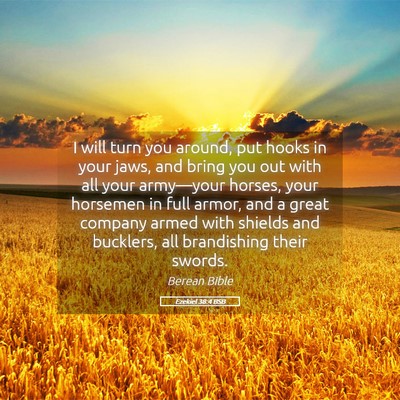 Picture 05 - Ezekiel 38:4 BSB - I will turn you around, put hooks in your jaws, - Bible Verse Picture