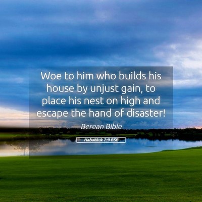Picture 05 - Habakkuk 2:9 BSB - Woe to him who builds his house by unjust gain, - Bible Verse Picture